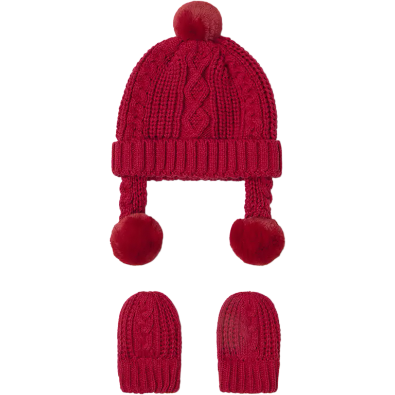 Gebreide muts met wantjes (cherry)