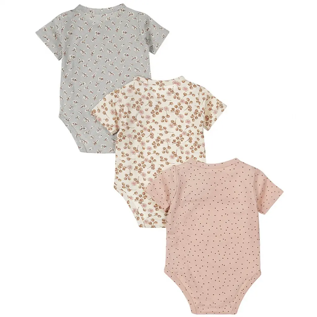 Drie rompertjes (dusty pink/off-white/faded blue)