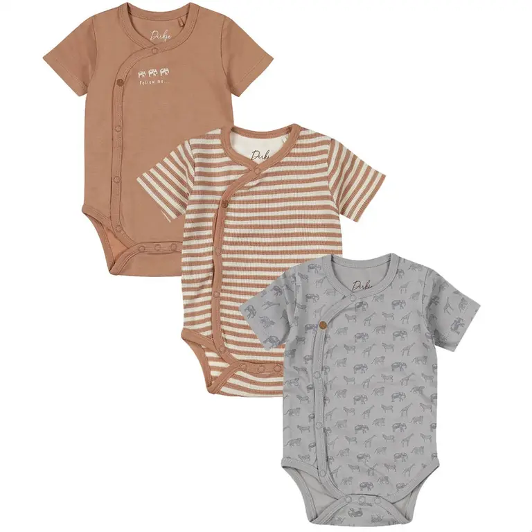 Drie rompertjes (faded blue/brown)