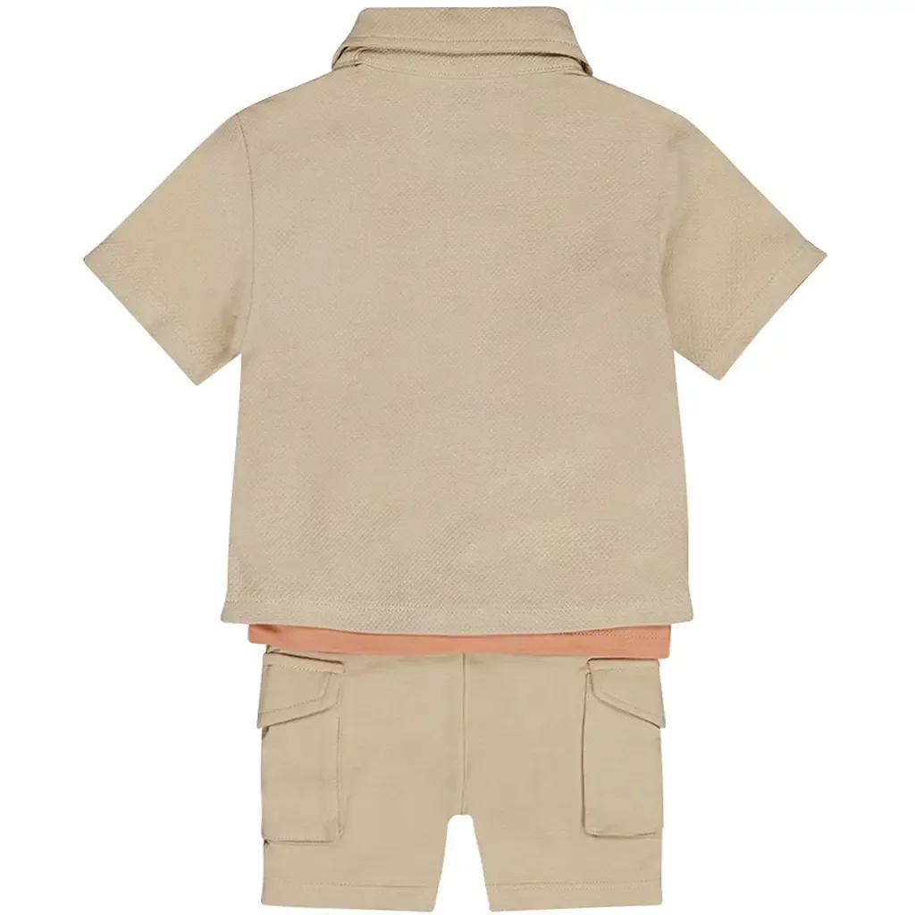 Driedelig setje (sand) - overhemd; t-shirtje en kort broekje