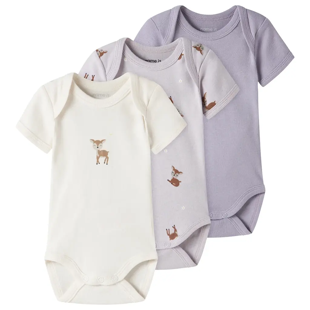 Drie rompertjes Deer (lilac marble/jet stream/lavender gray)