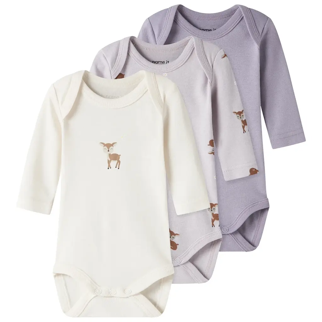 Drie rompertjes Deer (lilac marble/jet stream/lavender gray)