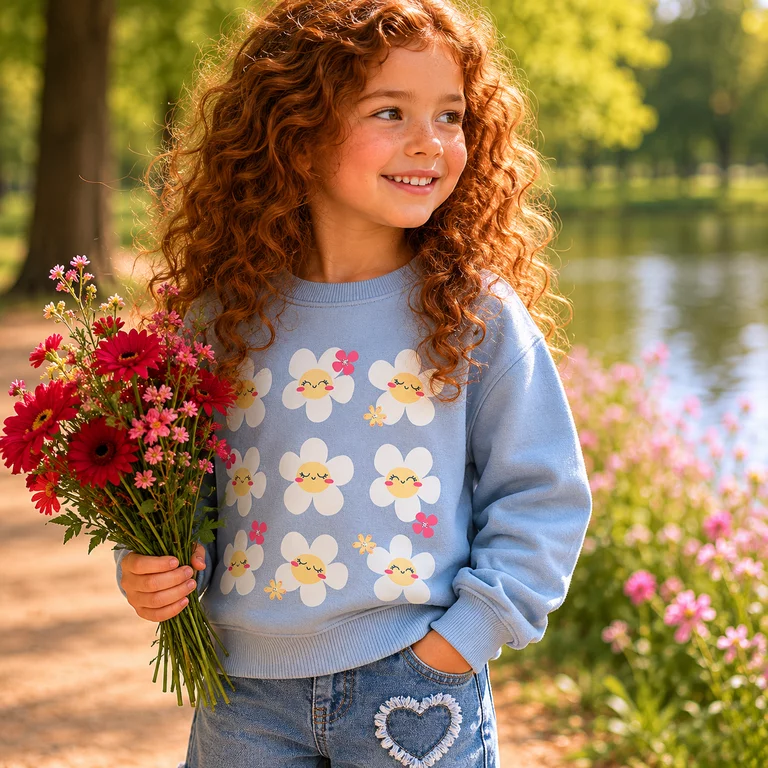 Trui sweat Vasacha (subdued blue happy flowers)