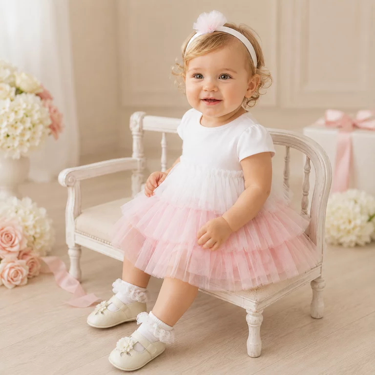 Jurk+haarbandje (baby rose)