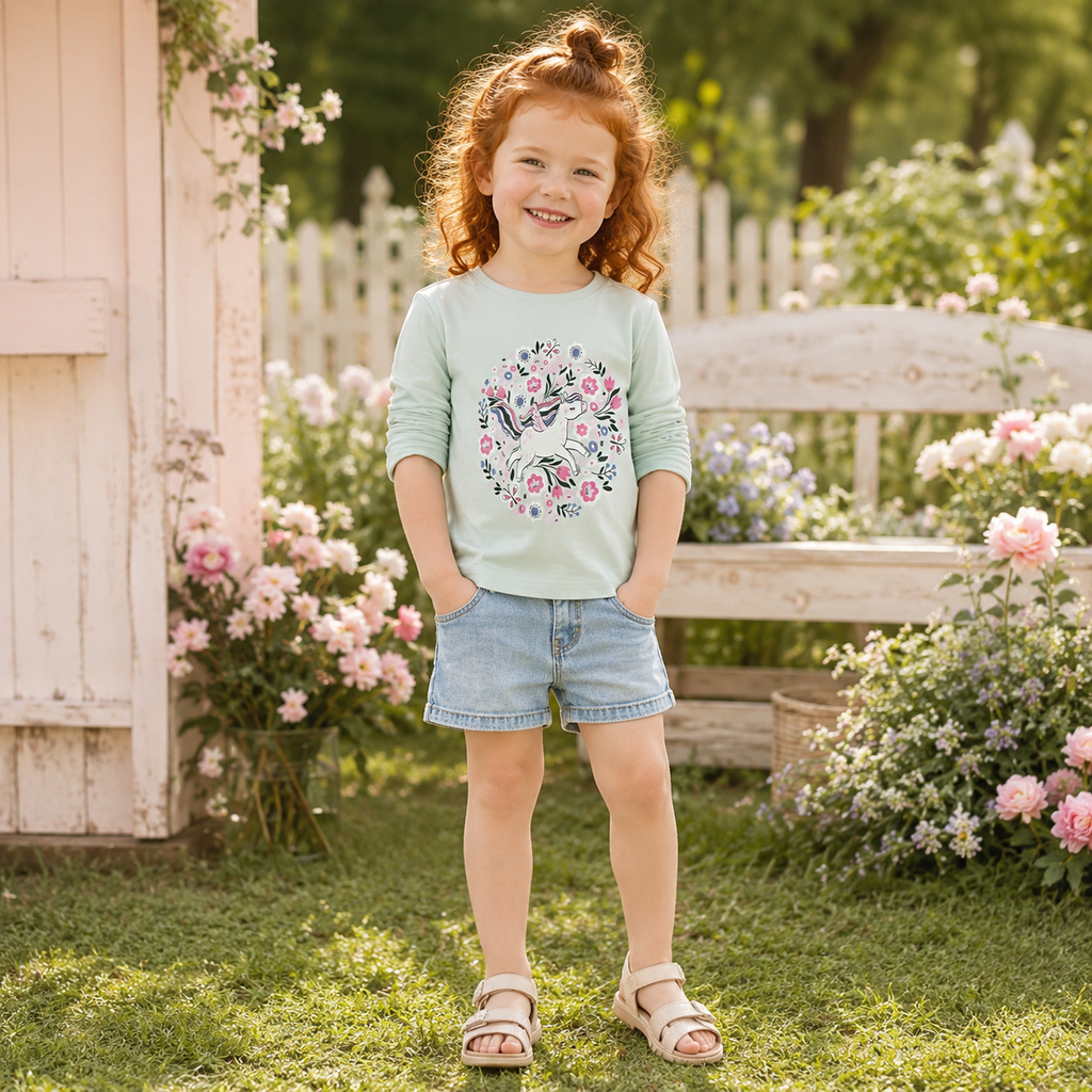 Longsleeve Veen (pale aqua unicorn flowers)