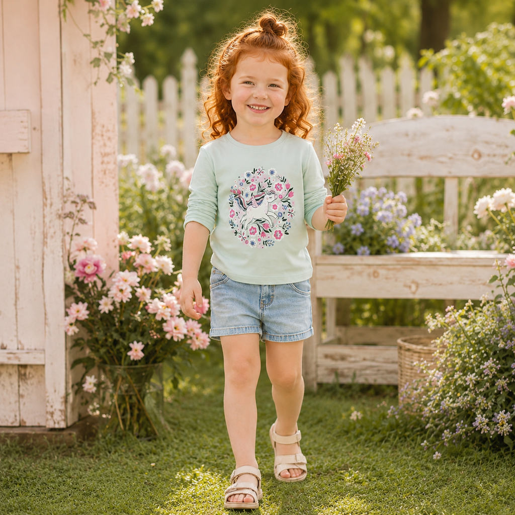 Longsleeve Veen (pale aqua unicorn flowers)