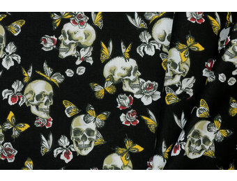 Katoen Skull Butterfly and Roses Black