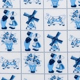 Delftsblauw Katoen – Hollandse Kusjes, Tulpen & Molens in Blokmotief