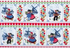 Delftsblauw Katoen 09 – Kinderen in Klederdracht & Tulpenrand