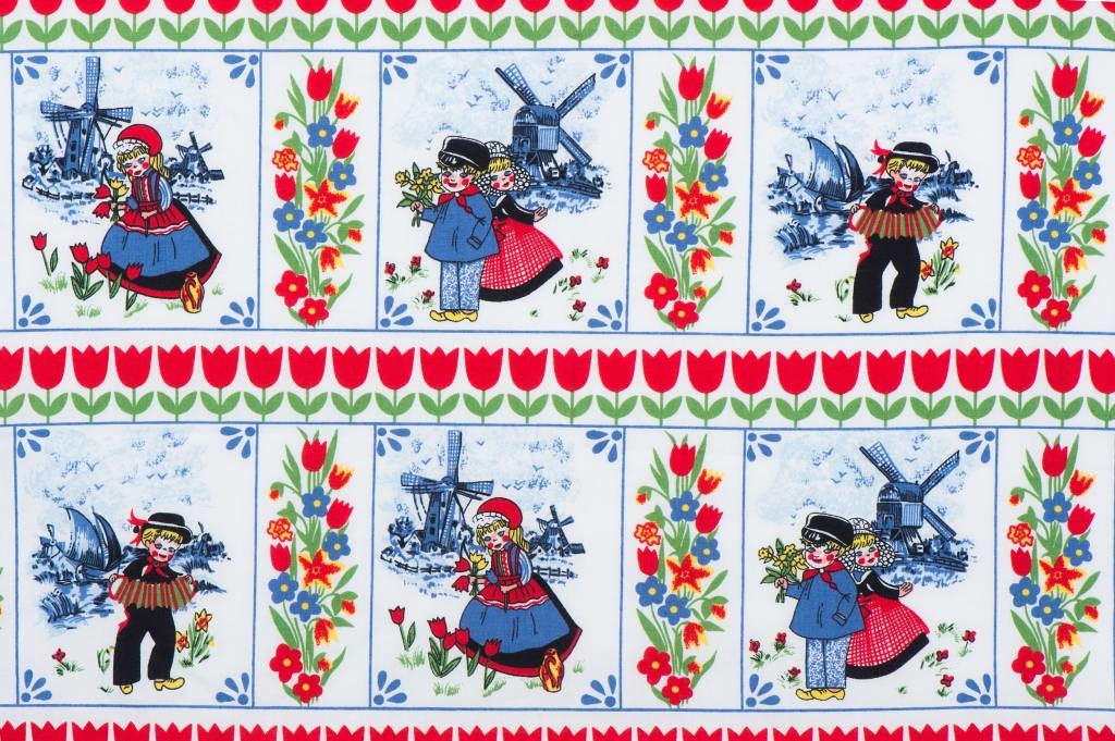 Delftsblauw Katoen – Kinderen, Molens & Tulpen in Rood, Blauw & Groen