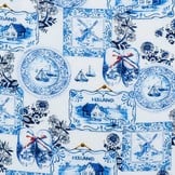 Delftsblauw Katoen – Collageprint met Hollandse Iconen & Klompen