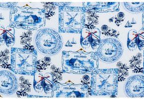 Delftsblauw Katoen 13 – Holland Collage met Molens & Klompen