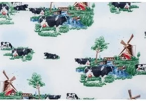 Delftsblauw Katoen 17 – Hollands Landschap met Koeien & Molens