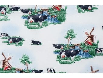 Delftsblauw Katoen 17 – Hollands Landschap met Koeien & Molens