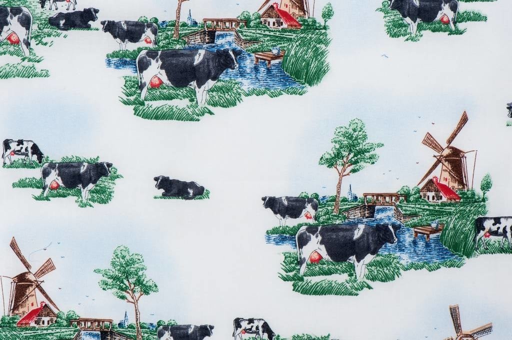 Delftsblauw Katoen – Landschap met Koeien, Molens & Water