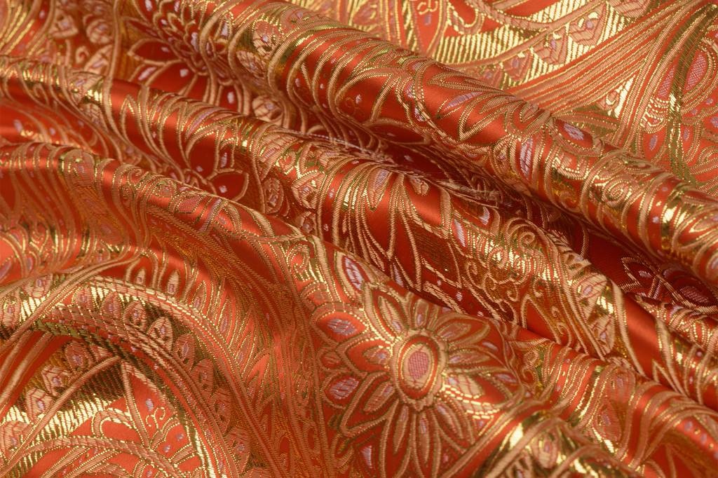 Brokaat Stof Floral Oranje - Goud