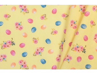 Katoen Poplin Eggs & Flowers Yellow