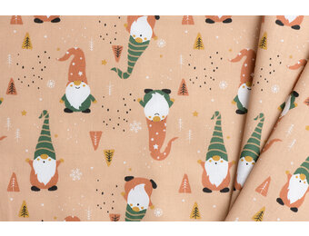 Katoen poplin kerstkabouters nude fauve