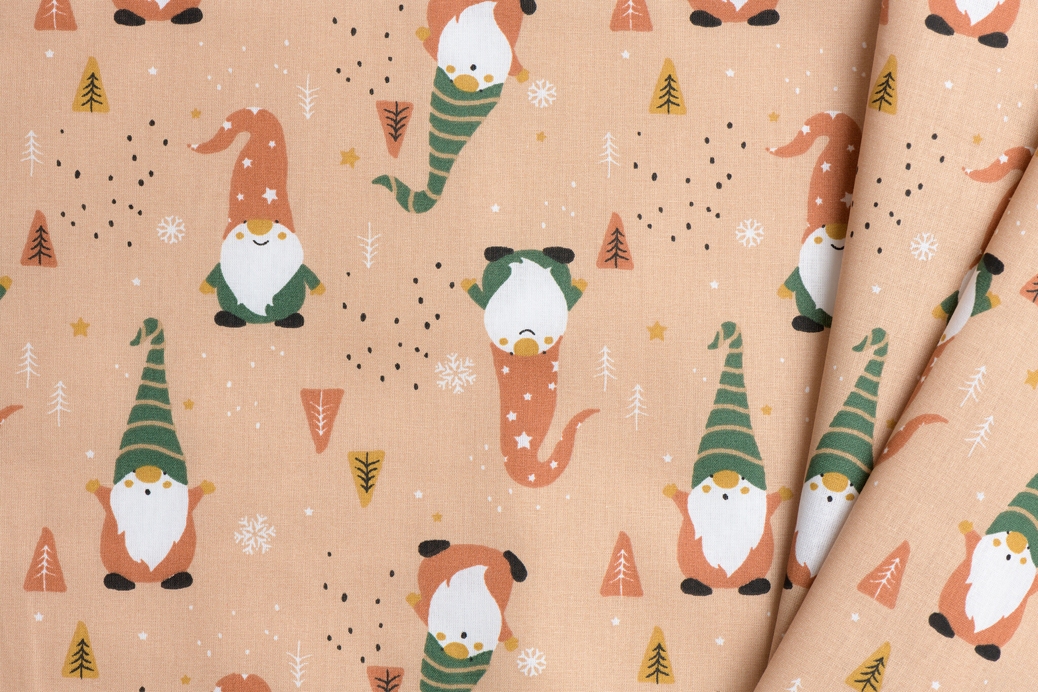 Katoen poplin kerstkabouters nude fauve