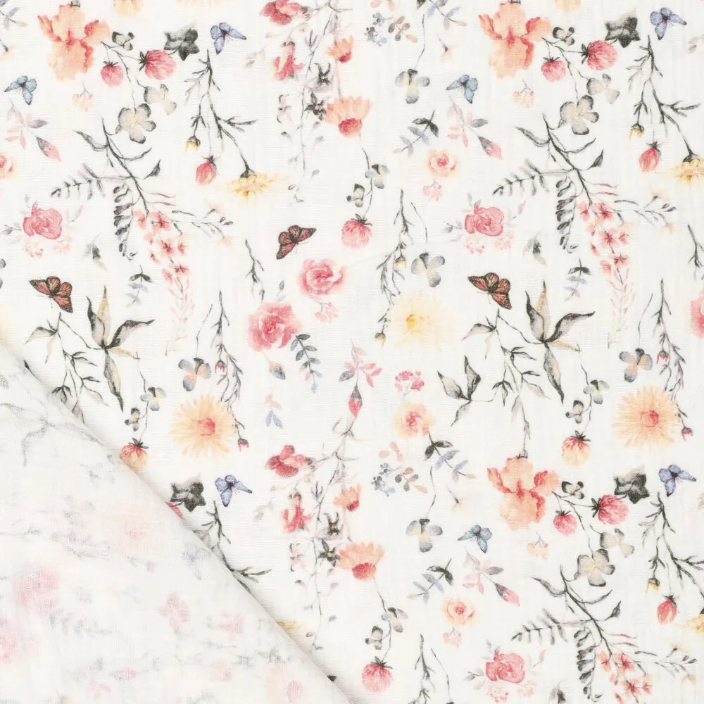 Coupon 90 CM Hydrofiel Stof Bloemen & Vlinders