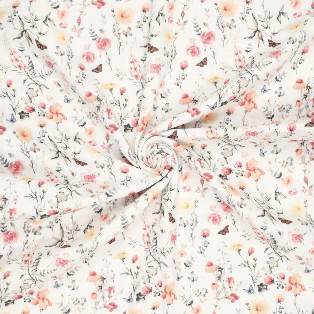 Coupon 90 CM Hydrofiel Stof Bloemen & Vlinders