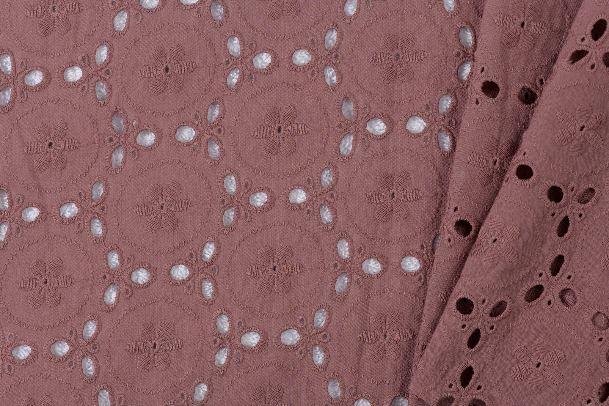 Katoen Voile Stof Geborduurd met Bloemen Oud Mauve