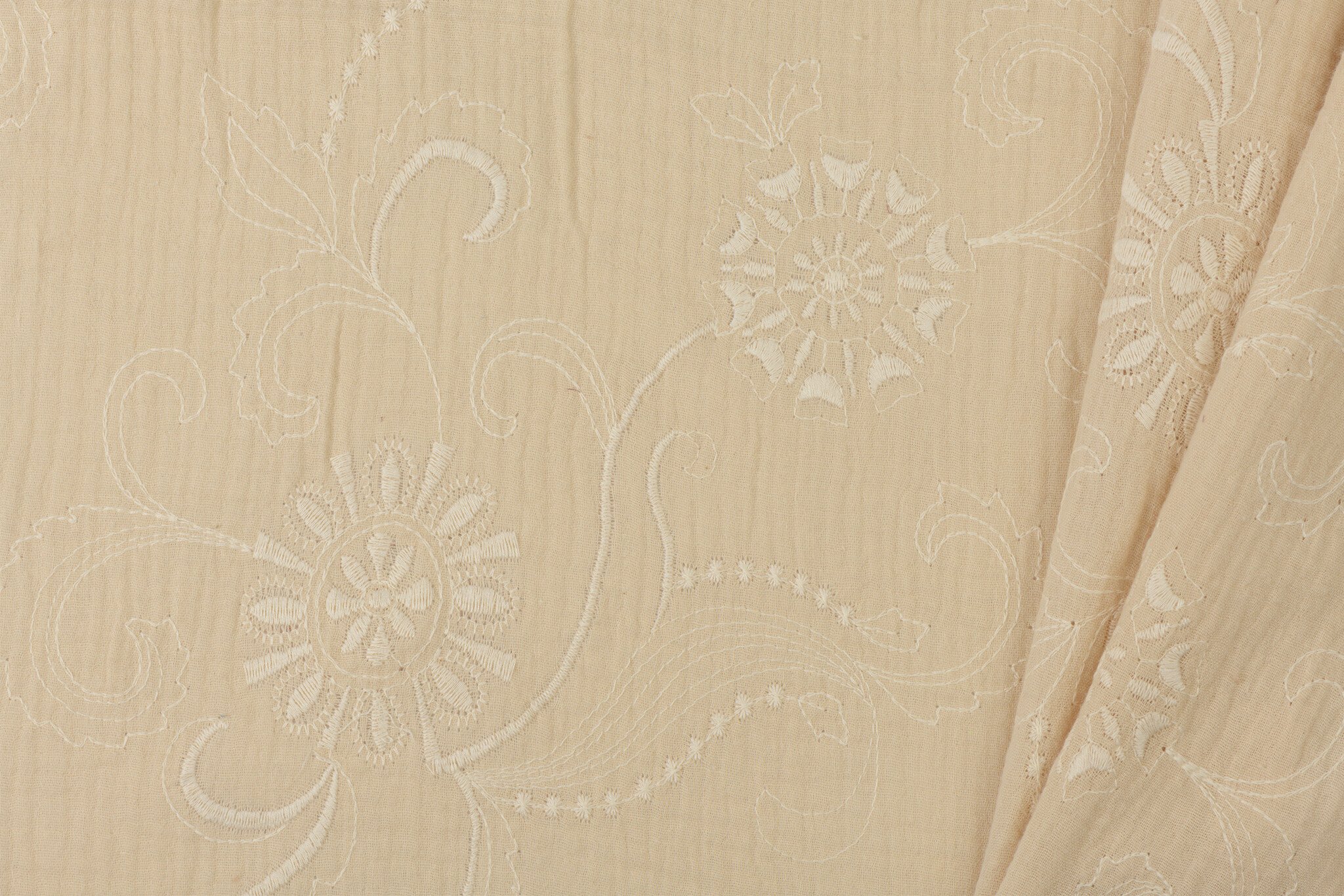 Hydrofiel Stof Geborduurd met Bloemen Licht Beige