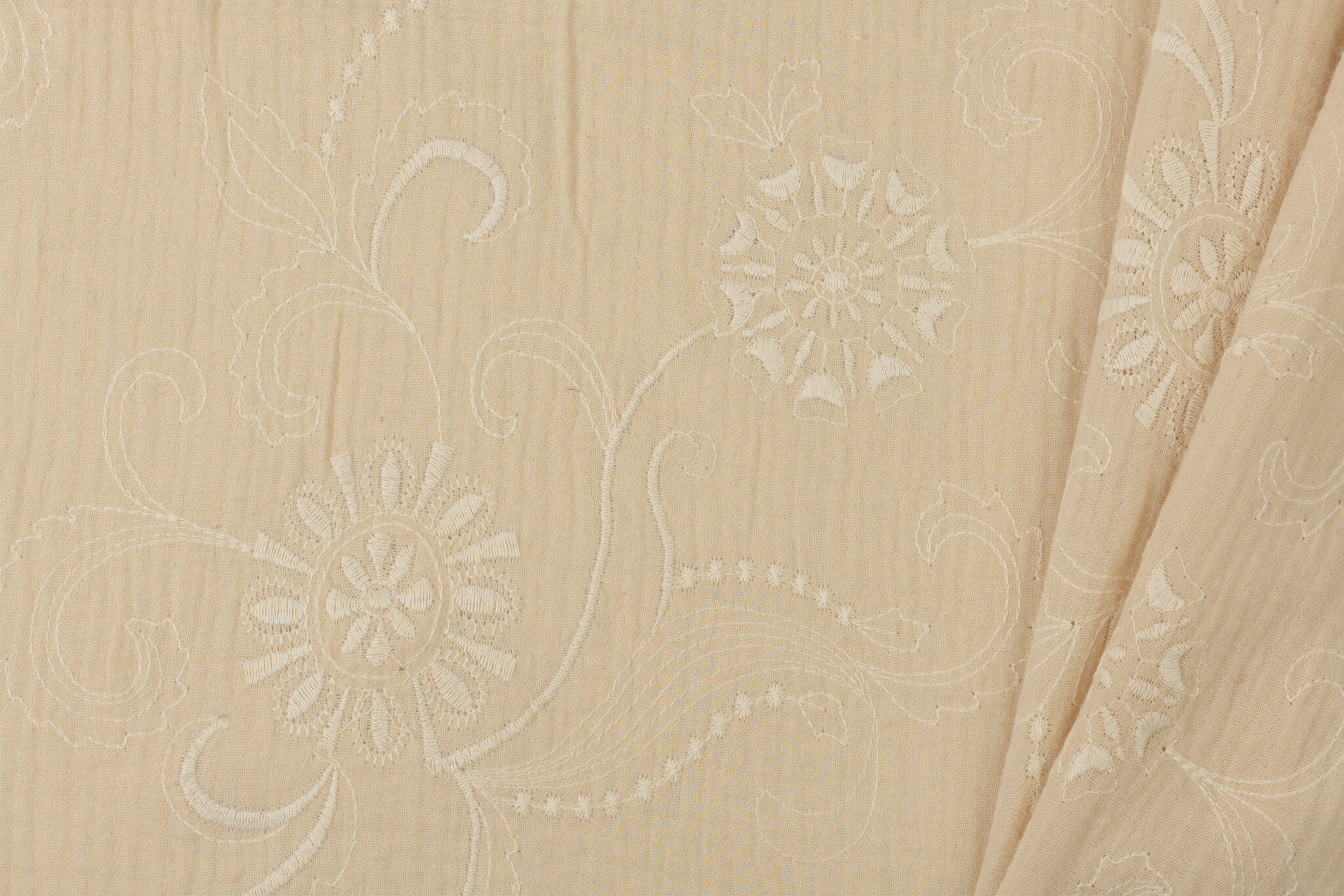 Hydrofiel Stof Geborduurd met Bloemen Licht Beige