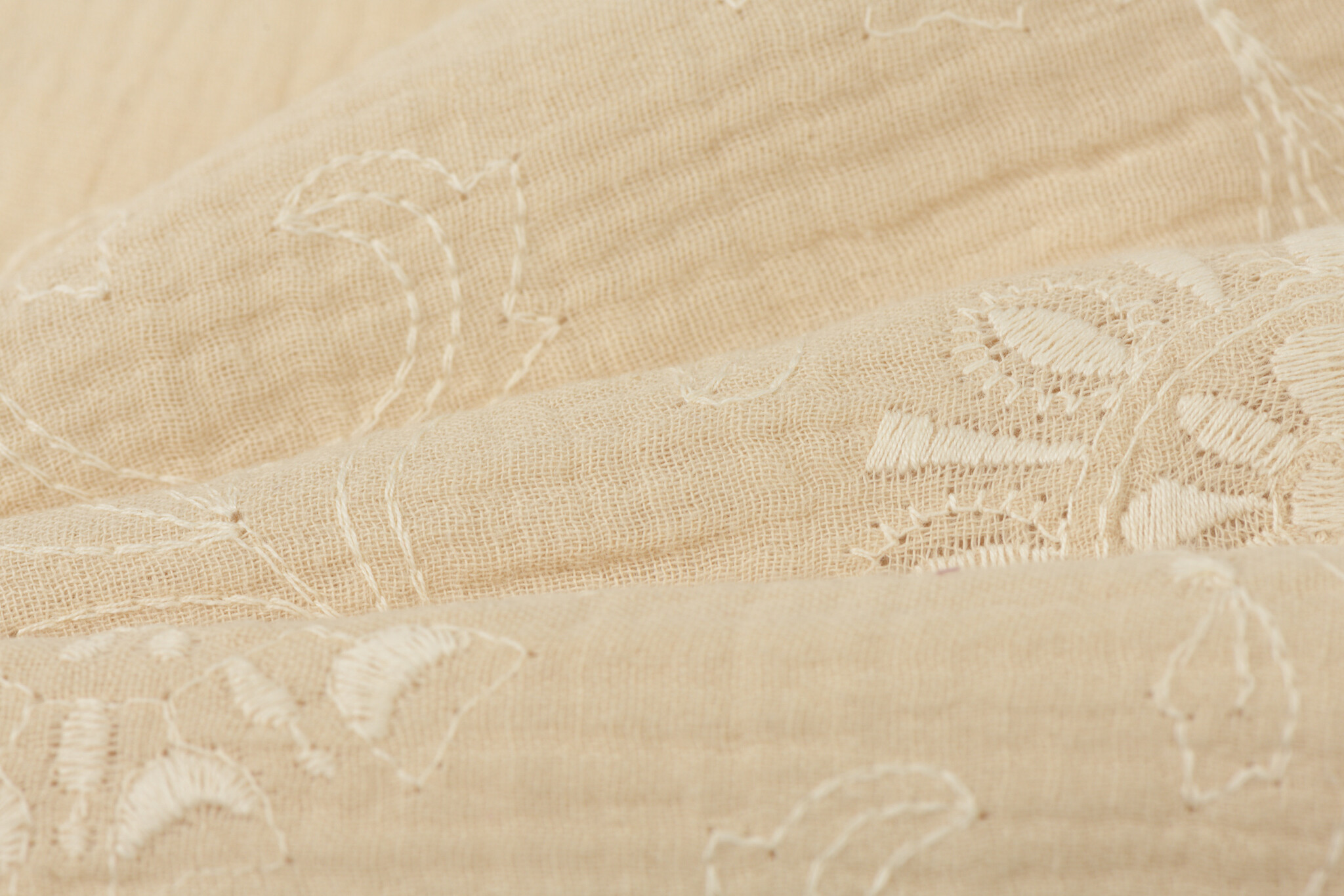 Hydrofiel Stof Geborduurd met Bloemen Licht Beige