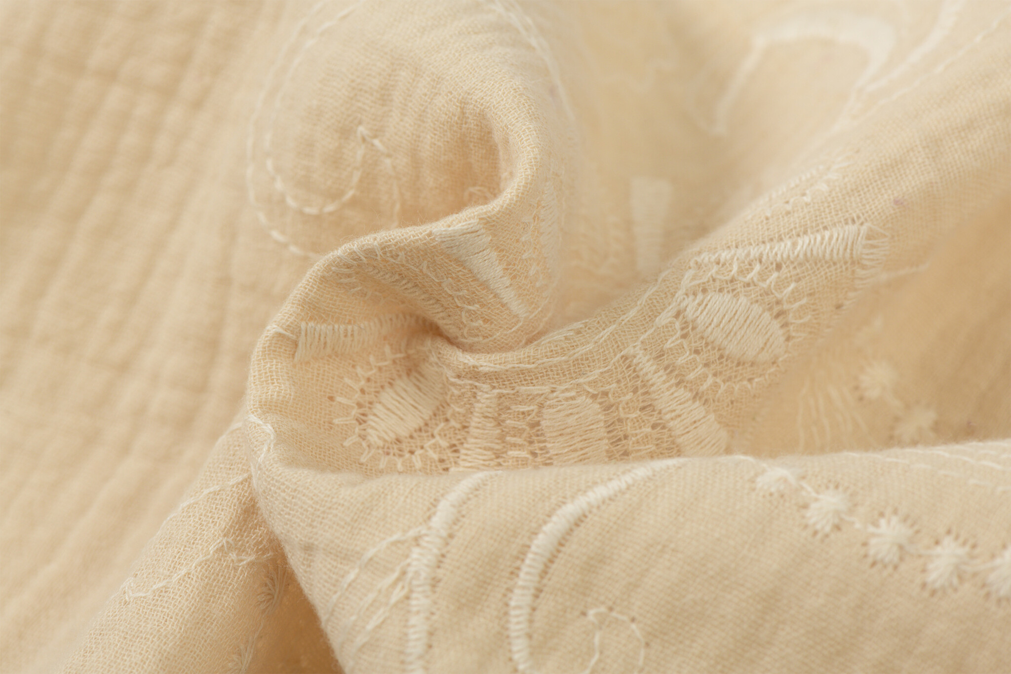 Hydrofiel Stof Geborduurd met Bloemen Licht Beige