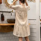 Hydrofiel Stof Geborduurd met Bloemen Licht Beige