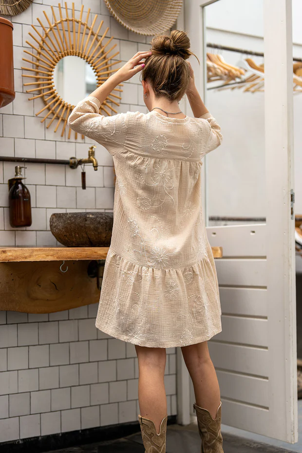 Hydrofiel Stof Geborduurd met Bloemen Licht Beige