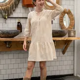 Hydrofiel Stof Geborduurd met Bloemen Licht Beige