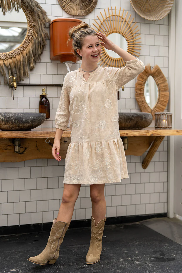 Hydrofiel Stof Geborduurd met Bloemen Licht Beige