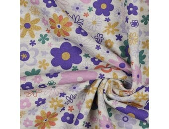 Sweat Stof Ecru Melange Glitter Bloemen