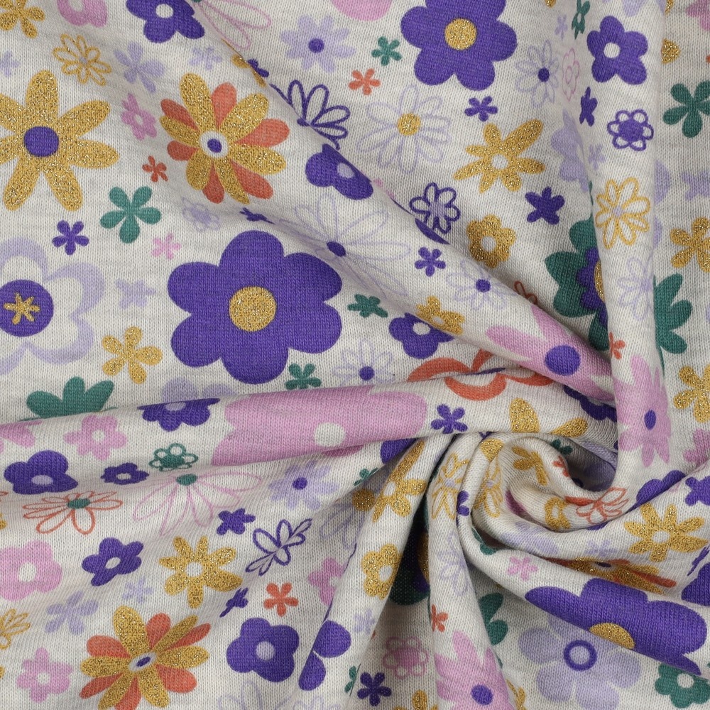Sweat Stof Ecru Melange Glitter Bloemen
