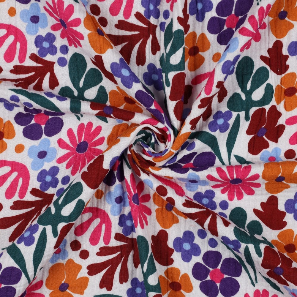 Hydrofiel Stof Gekleurde Bloemen - Wit