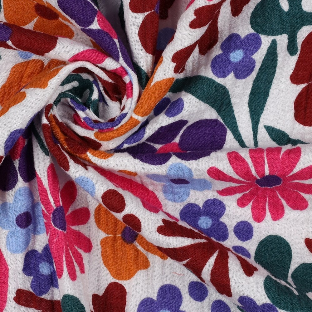 Hydrofiel Stof Gekleurde Bloemen - Wit