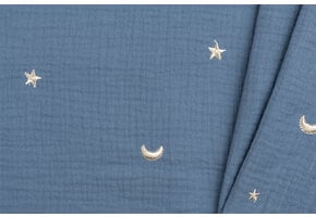 Hydrofiel Stof Embroidery Maan en Sterren Jeans