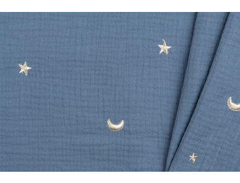 Hydrofiel Stof Embroidery Maan en Sterren Jeans