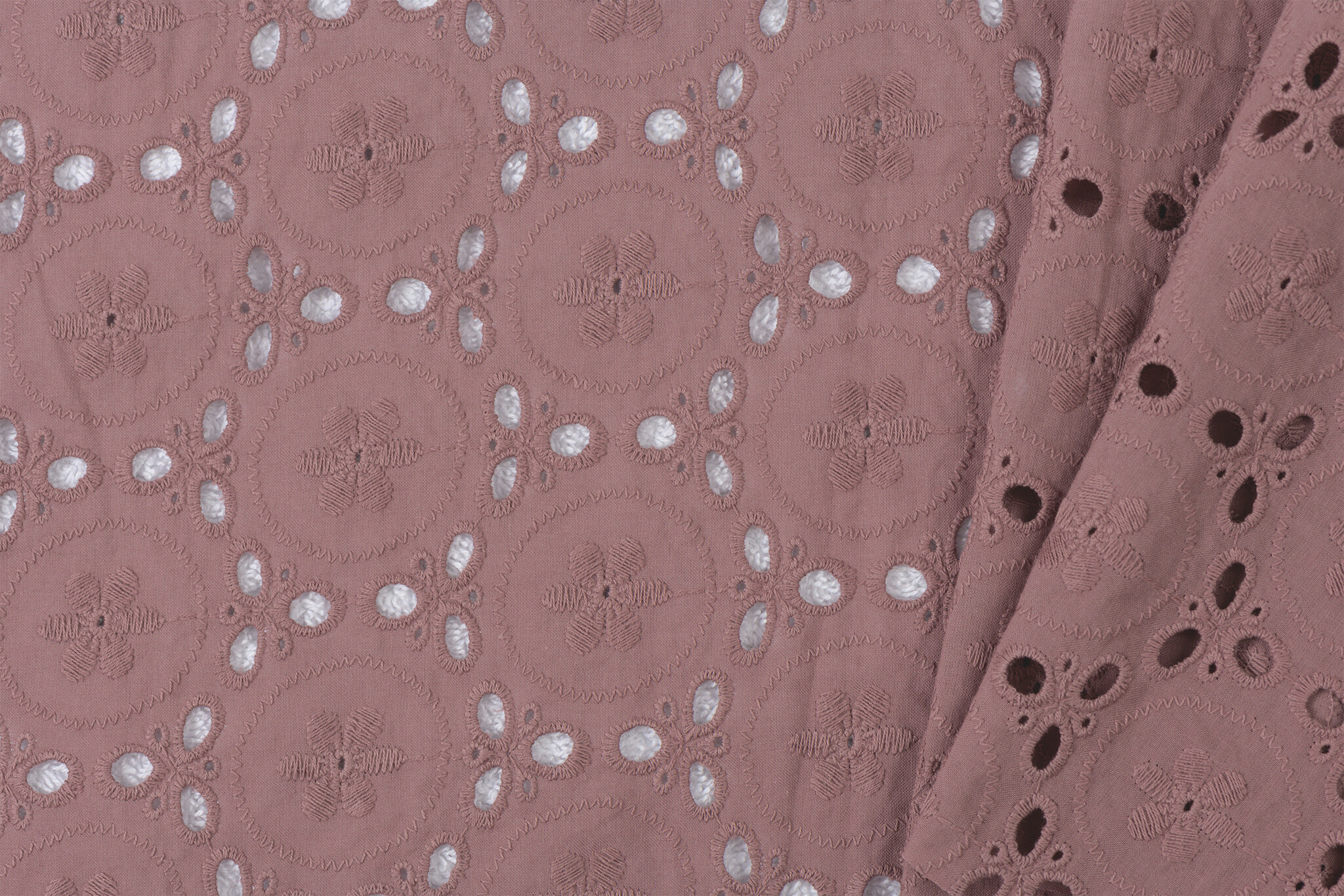 Katoen Voile Stof Geborduurd met Bloemen Oud Roze