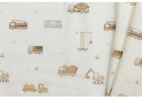 Poplin Katoen Digitale Print - Bouwvoertuigen Ecru