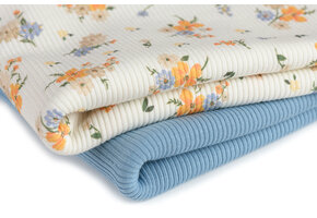 Rib Jersey Stof - Bloemboeket Oranje Blauw