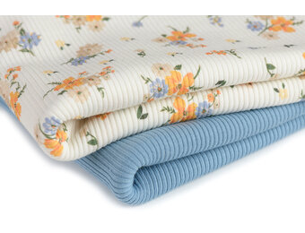Rib Jersey Stof - Bloemboeket Oranje Blauw