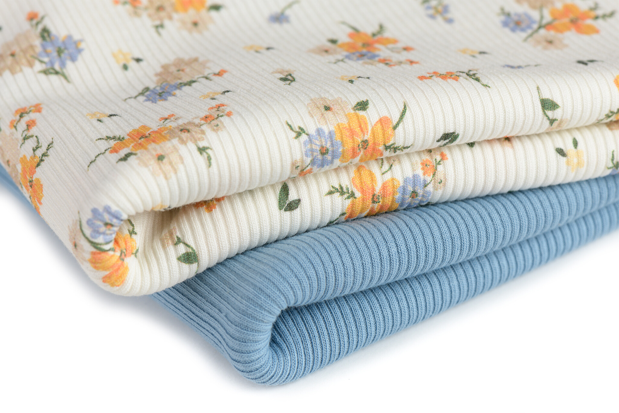 Rib Jersey Stof - Bloemboeket Oranje Blauw