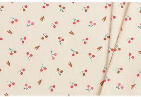 Jersey Katoen Kersen Hartjes - New Ecru