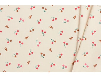 Jersey Katoen Kersen Hartjes - New Ecru
