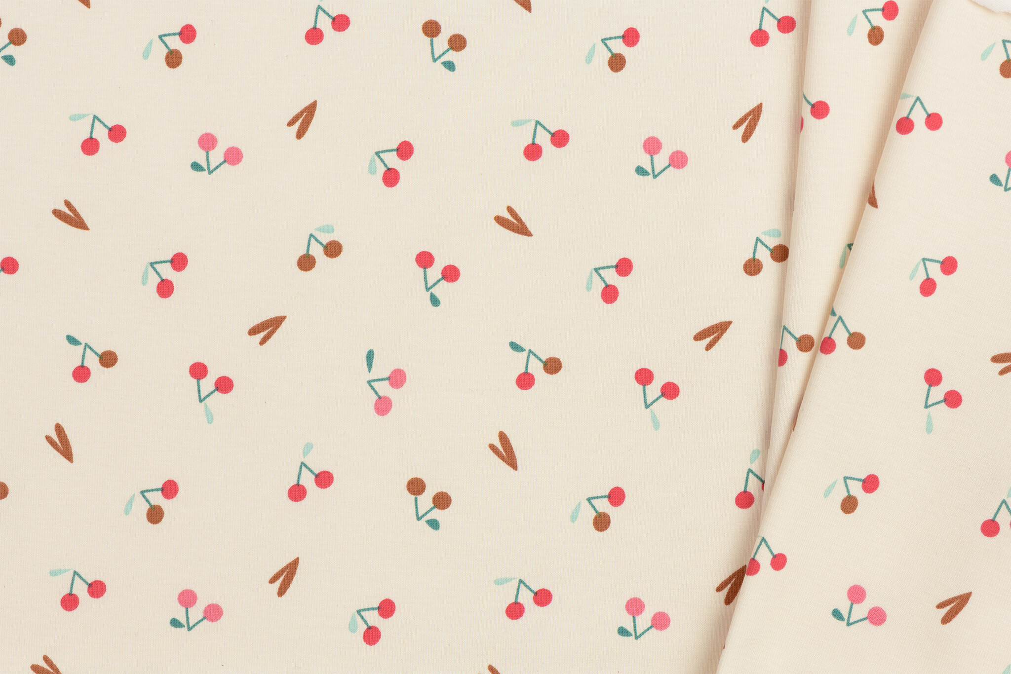 Jersey Katoen Kersen Hartjes - New Ecru