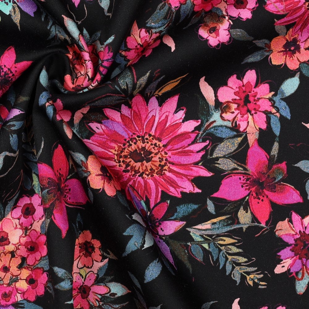 Katoen Satijn Stof Bloemen - Zwart