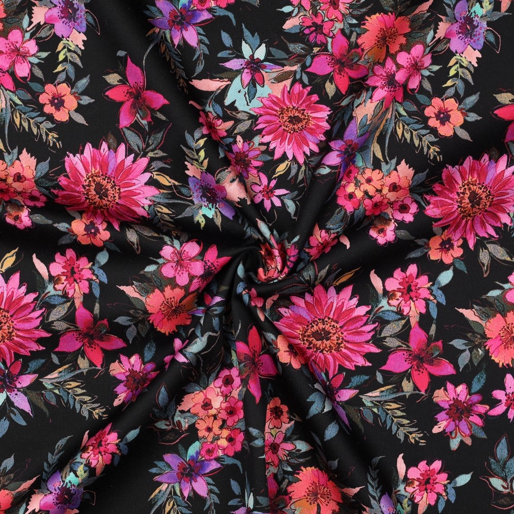 Katoen Satijn Stof Bloemen - Zwart